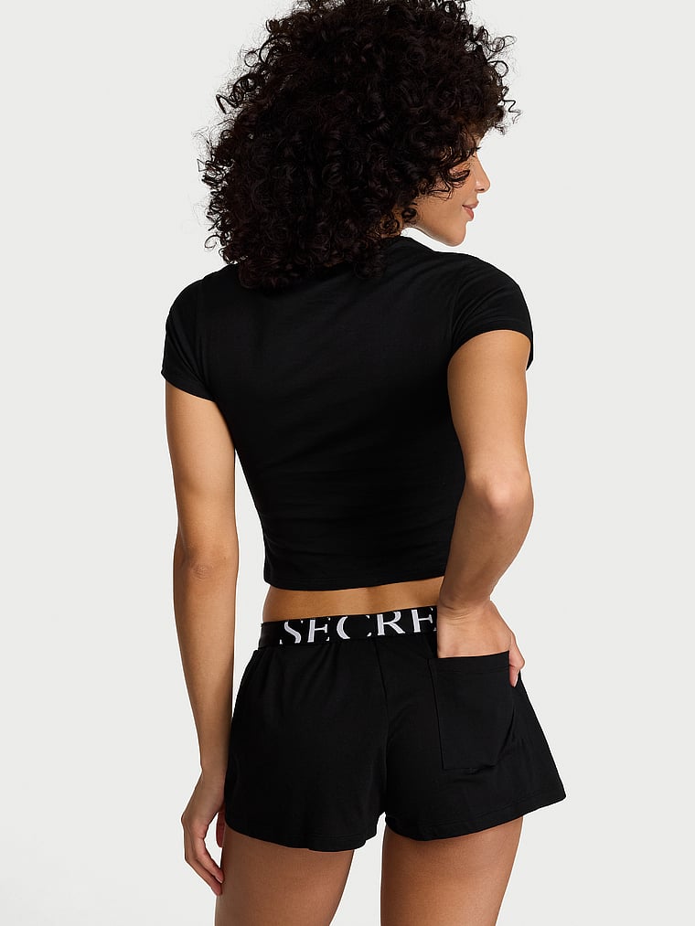 Victoria's Secret, Victoria's Secret 100% Cotton Lace Patch Short Pajama Set, Black, onModelBack, 2 of 3