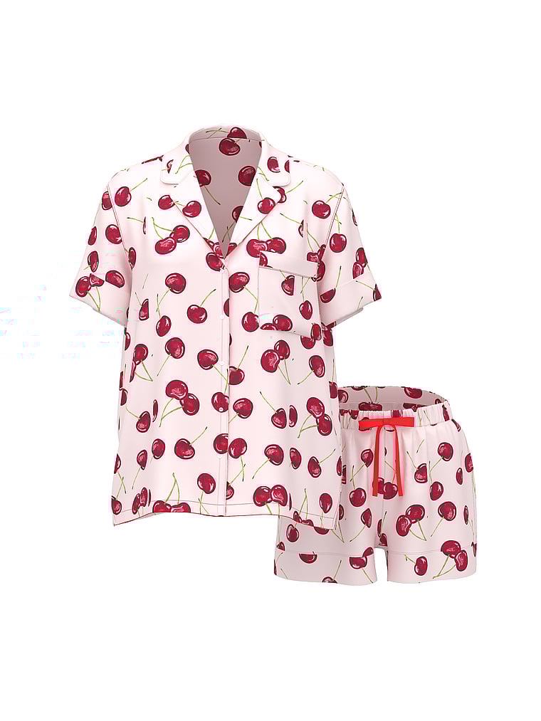 Victoria's Secret, Victoria's Secret Signature Satin Short Pajama Set, Bright Vermillion Exploded Cherries, offModelFront, 1 of 3