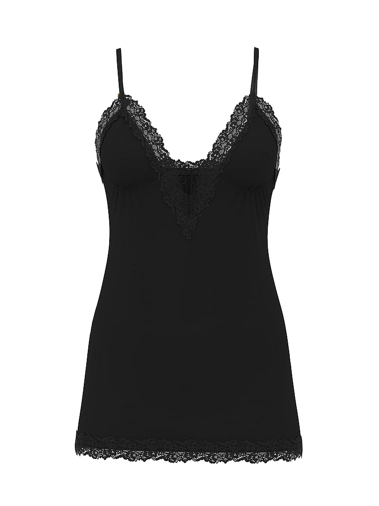 Victoria's Secret, Victoria's Secret SoSoft™ Modal Lace-Trim Tie-Front Slip Dress, Black, offModelFront, 3 of 4