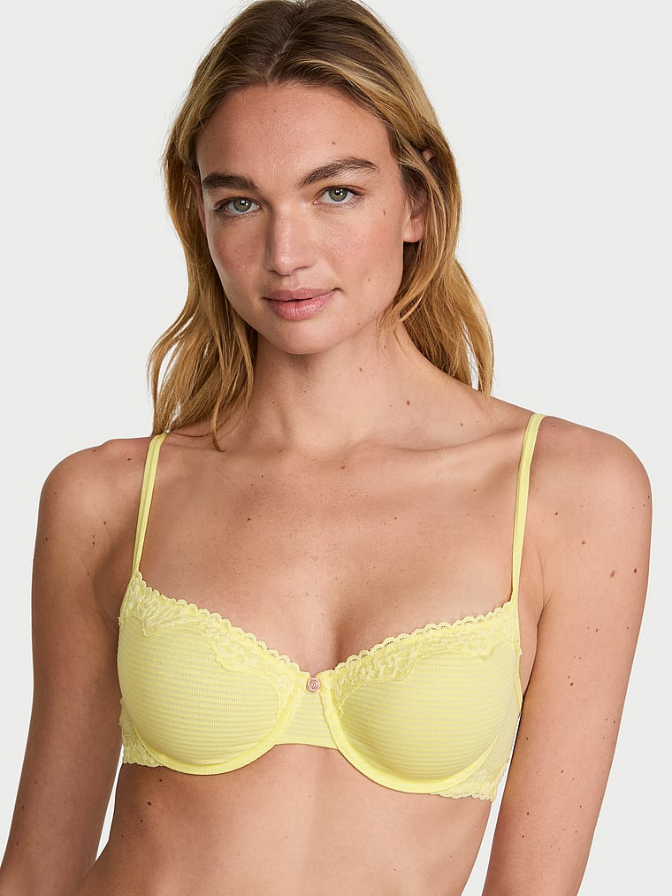 Victoria's Secret, The T-shirt Cotton Shadow Stripe Unlined Demi Bra, Lemonade, onModelFront, 1 of 3