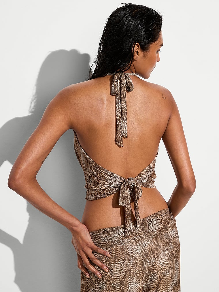 Victoria's Secret, Victoria's Secret Swim Beachwear Mesh Cowl-Neck Halter Top, Snake, onModelBack, 2 of 3 Shaanti is 5'9" or 175cm and wears Small