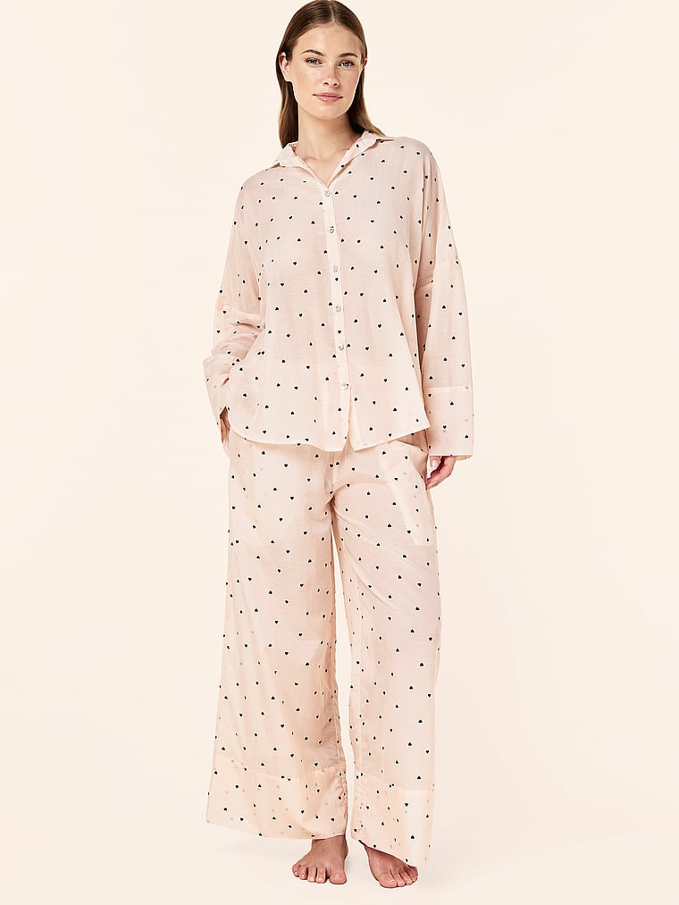 Victoria's Secret, Papinelle Hearts Full-Length Cotton PJ Set, Rosewater, onModelFront, 1 of 4