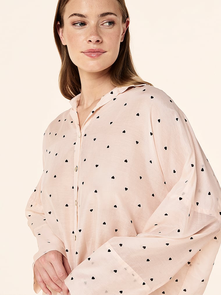 Victoria's Secret, Papinelle Hearts Full-Length Cotton PJ Set, Rosewater, onModelSide, 3 of 4