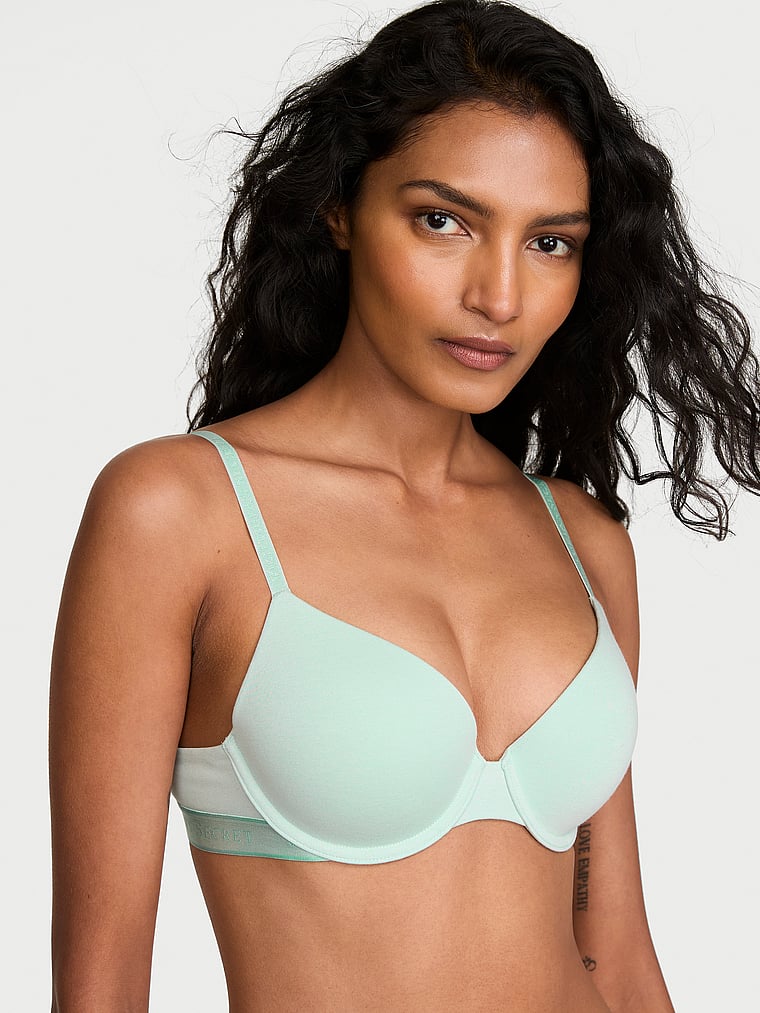 Victoria's Secret, The T-shirt Perfect Shape Cotton Push-Up Bra, Yacht Blue, onModelFront, 1 of 3 Shaanti is 5'9" or 175cm and wears 32B or Small