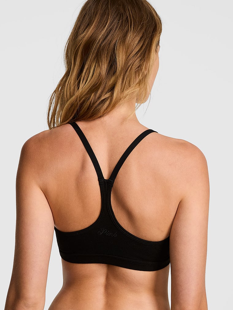 PINK All-Day Cotton™ Low-Scoop Racerback Bra, Pure Black, onModelBack, 2 of 3 Mari is 5'7" and wears 34B or Small