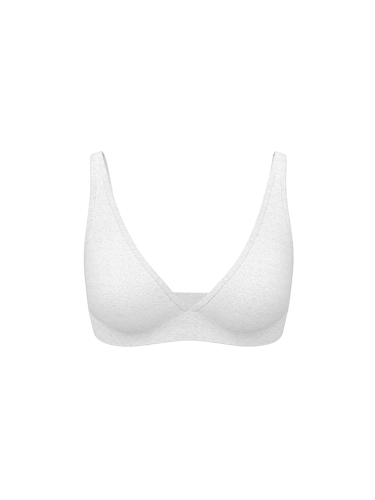 PINK Cotton Dorm Unlined Plunge Bralette, Heather Snow, offModelFront, 4 of 4