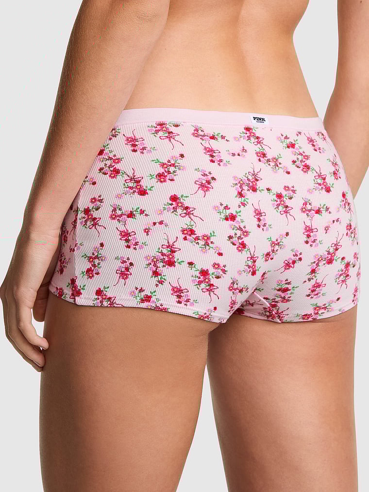 PINK Cotton Dorm Boyshort Panty, Pink Tulip Floral Bow, onModelBack, 2 of 3 Mari is 5'7" and wears Small