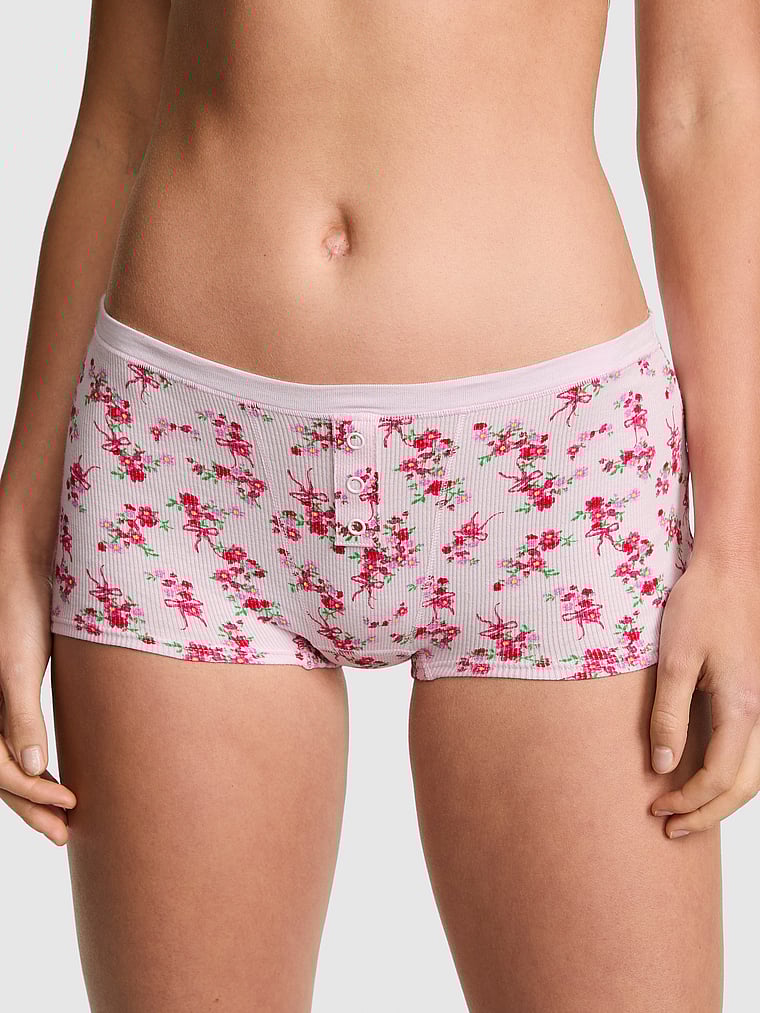 PINK Cotton Dorm Boyshort Panty, Pink Tulip Floral Bow, onModelFront, 1 of 3 Mari is 5'7" and wears Small