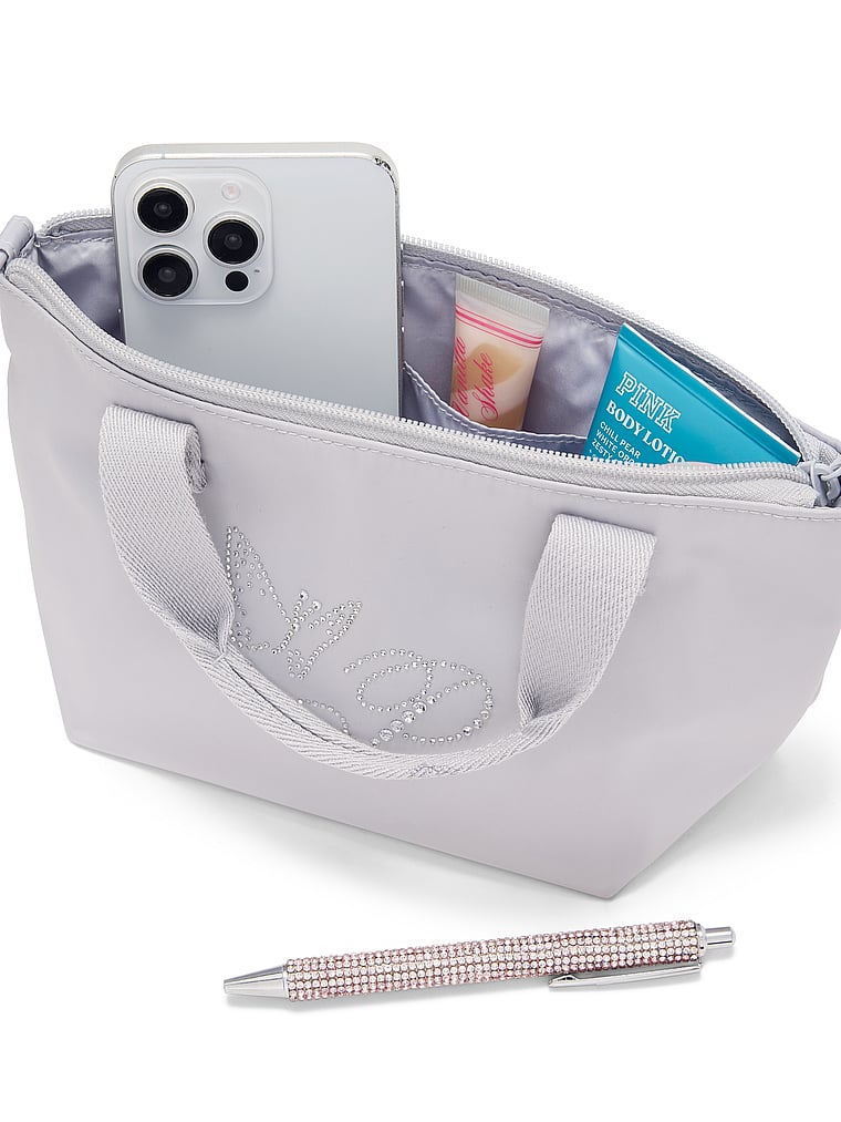 PINK Mini Crossbody Nylon Tote Bag, Dusty Lilac Diamanté Butterfly, onModelBack, 2 of 4