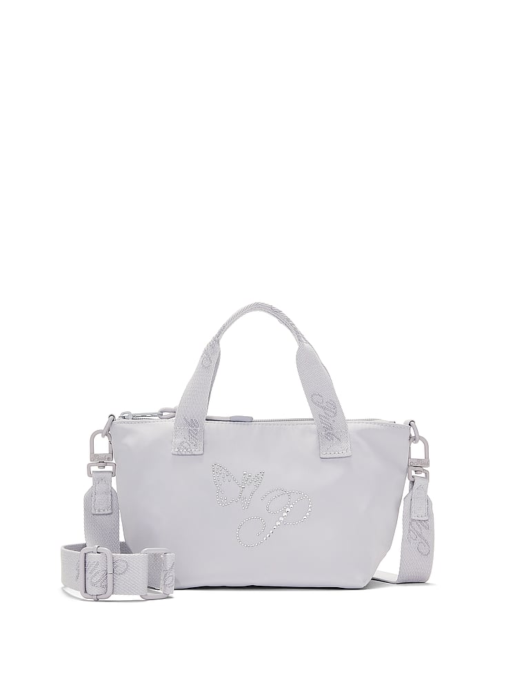 PINK Mini Crossbody Nylon Tote Bag, Dusty Lilac Diamanté Butterfly, onModelSide, 3 of 4