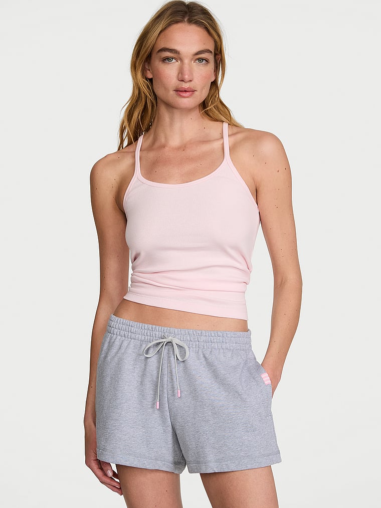 Victoria's Secret, Angel Essentials Off-Duty Terry Lounge Shorts, Medium Heather Grey, onModelFront, 1 of 2