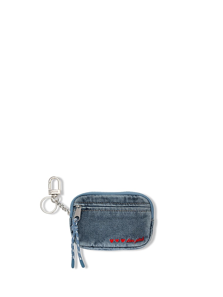 PINK Zip Card Holder Keychain, Red Heart & Love Pink Embroidery, onModelFront, 1 of 2