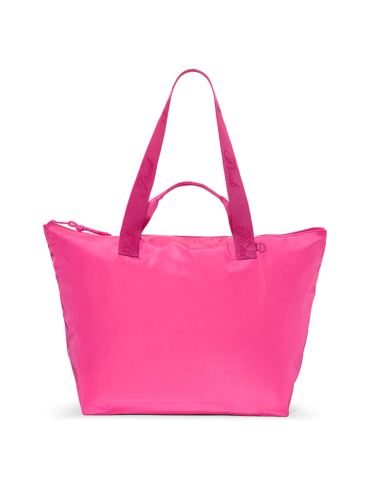 PINK Nylon Tote Bag, Pink Twirl, onModelSide, 3 of 4