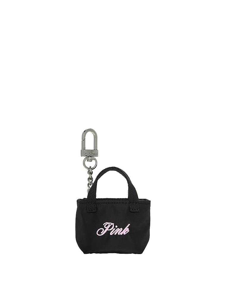 PINK Mini Tote Keychain Charm, Black with Pink Tulip PINK, onModelFront, 1 of 2