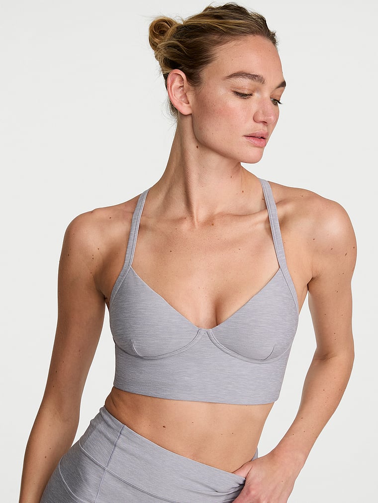 Victoria's Secret, VSX VSX LUXMarl™ Racerback Sports Bra, Heather Pearl Stone, onModelSide, 3 of 4