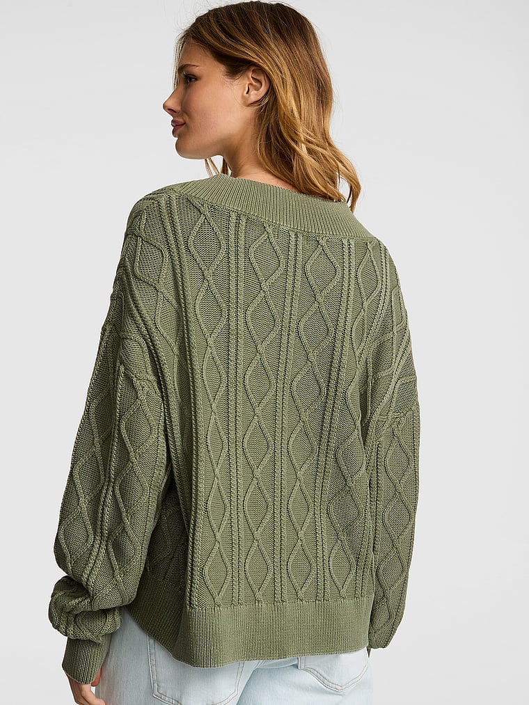 PINK Oversized Cable Knit V-Neck Sweater, Slate Green, onModelBack, 2 of 3 Mari is 5'7" and wears Small