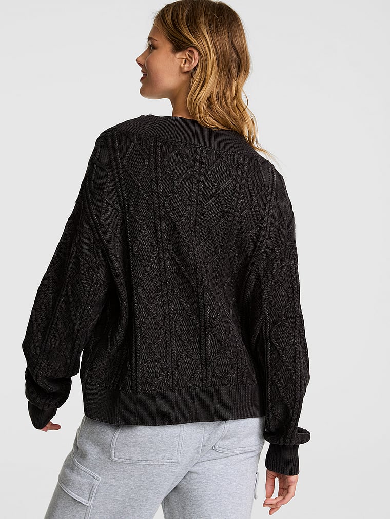 PINK Oversized Cable Knit V-Neck Sweater, Pure Black, onModelBack, 2 of 3 Mari is 5'7" and wears Small