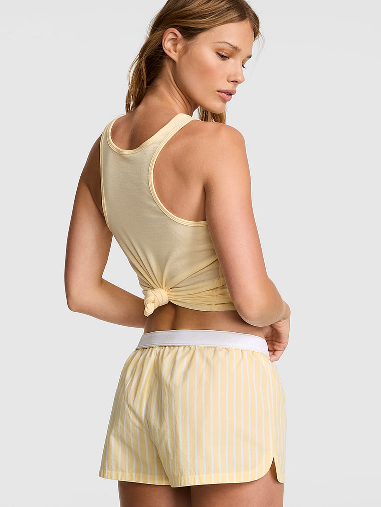 PINK Cotton Boxy Pajama Shorts, Lemon Tree Stripes, onModelBack, 2 of 3 Mari is 5'7" and wears Small