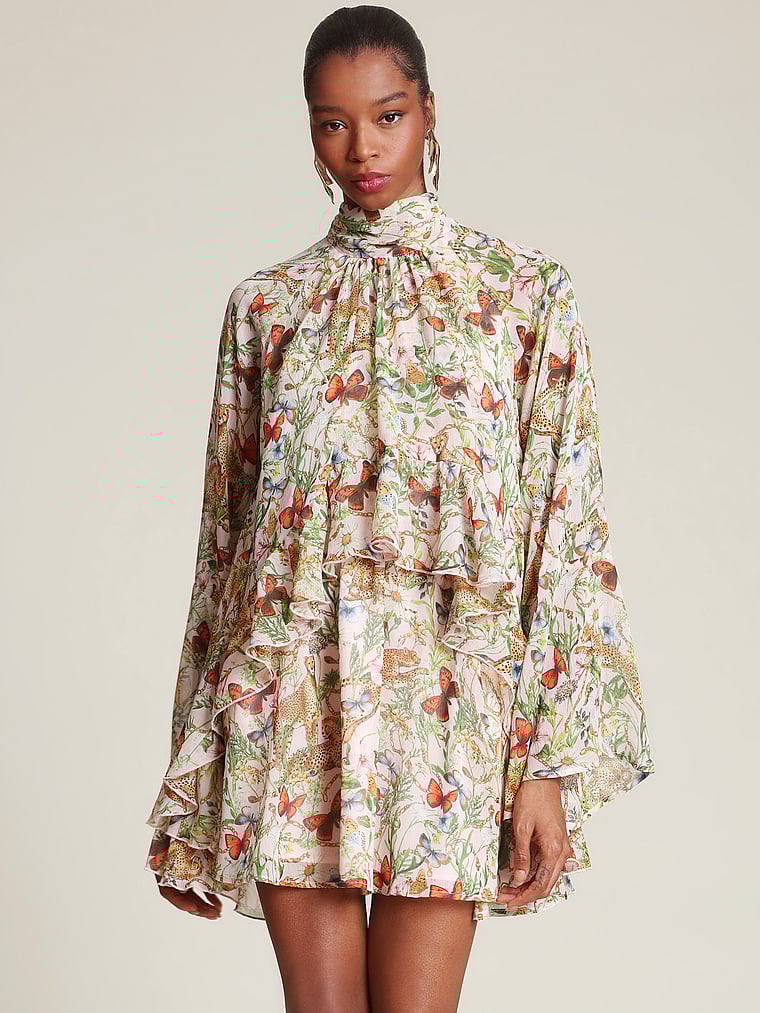 High-Neck Ruffle Mini Dress