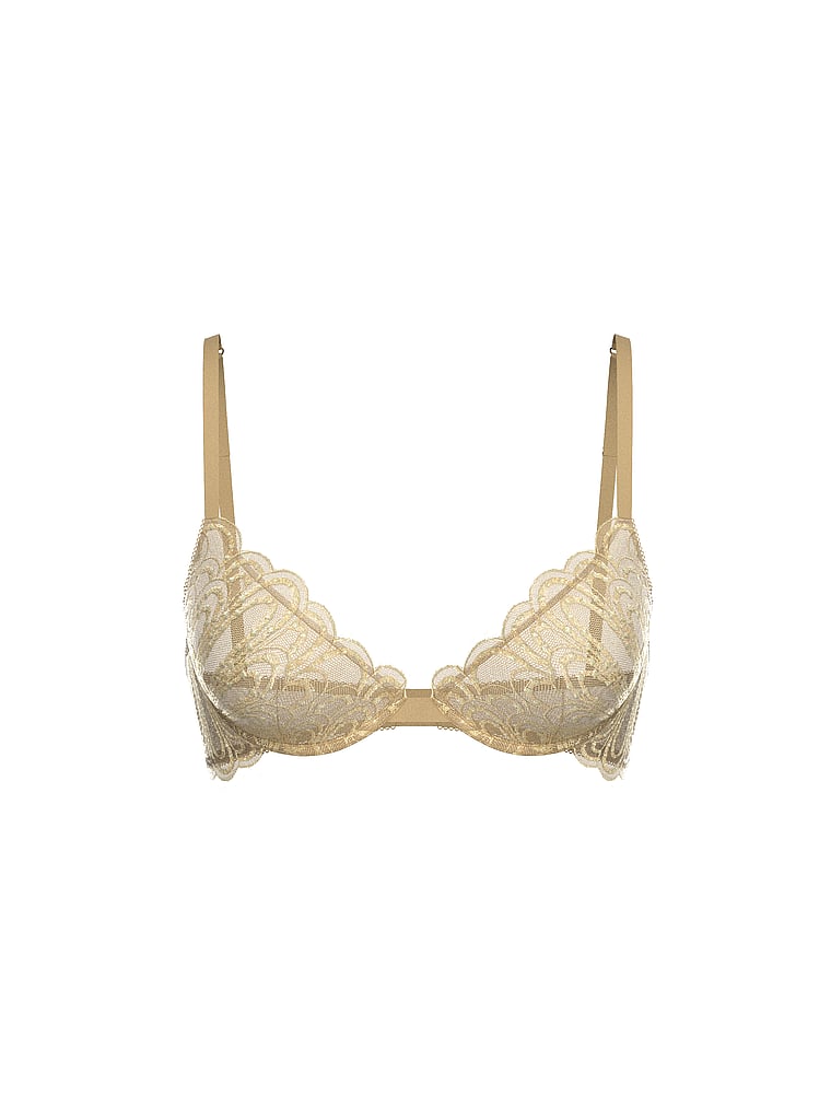 Victoria's Secret, Very Sexy Rose Lace & Satin Unlined Plunge Demi Bra, Showgirl Embroidery, offModelFront, 3 of 4