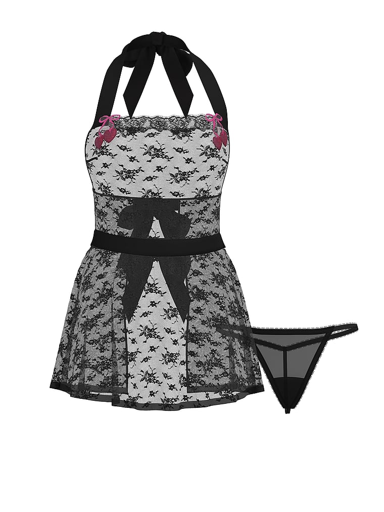 Cherry Pop Embroidery Lace Apron Babydoll Set