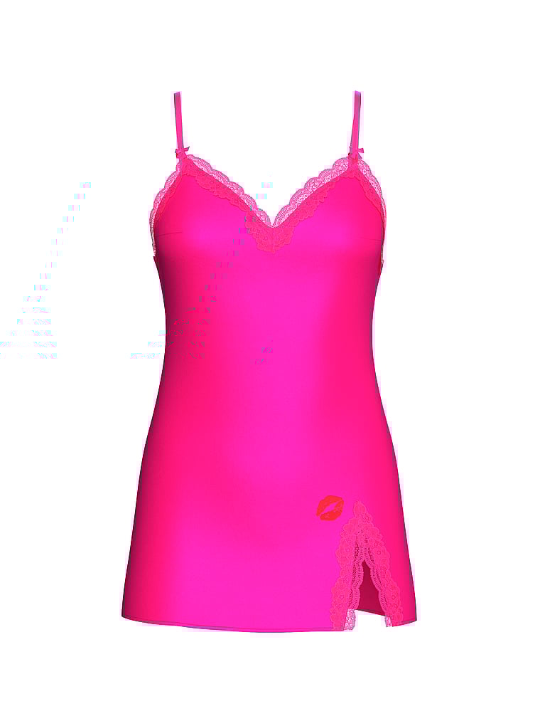 Victoria's Secret, Victoria's Secret Tease Satin Lace-Trim Mini Slip Dress, Enchanted Pink, offModelFront, 4 of 4