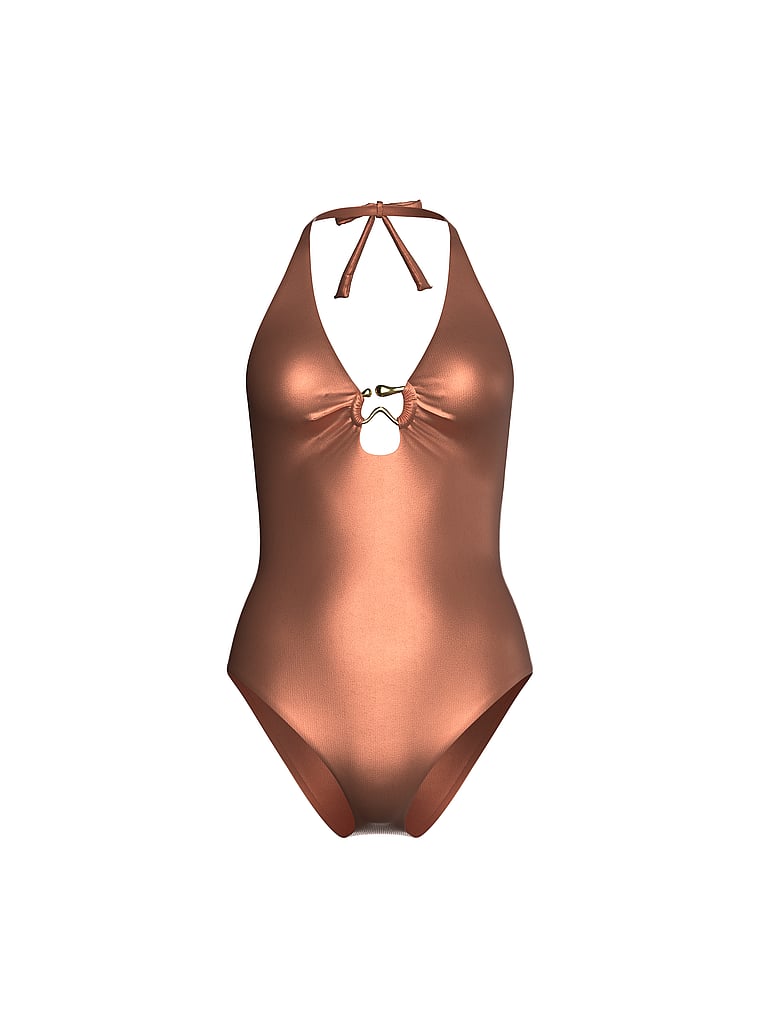 Victoria's Secret, Victoria's Secret Swim Organic Shape Rings Halter Cheeky One-Piece Swimsuit, Sweet Clove Shimmer, offModelFront, 3 of 3