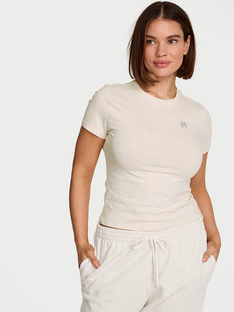 Victoria's Secret, Angel Essentials Stretch Cotton Fitted Tee, Heather Natural, onModelSide, 3 of 4