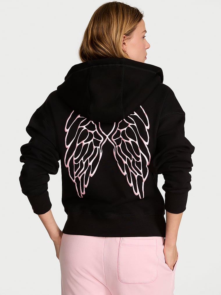 Victoria's Secret, Angel Essentials Classic Fleece Full-Zip Hoodie, Pure Black, onModelFront, 1 of 3 Aga is 5'10" and wears Small