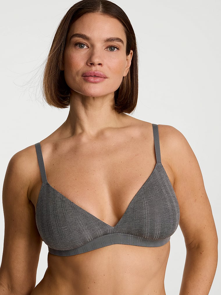Victoria's Secret, The T-shirt Cotton Shadow Stripe Unlined Triangle Bralette, Heather Anthracite, onModelFront, 1 of 3