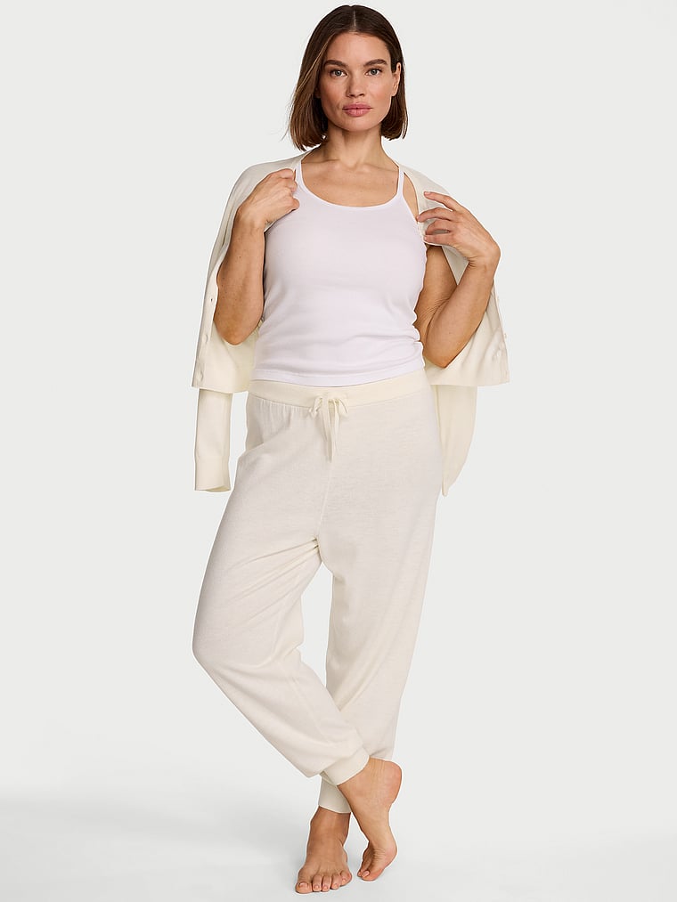 Victoria's Secret, Victoria's Secret Luxe Knit Jogger Pants, Soft Ivory, onModelFront, 1 of 4