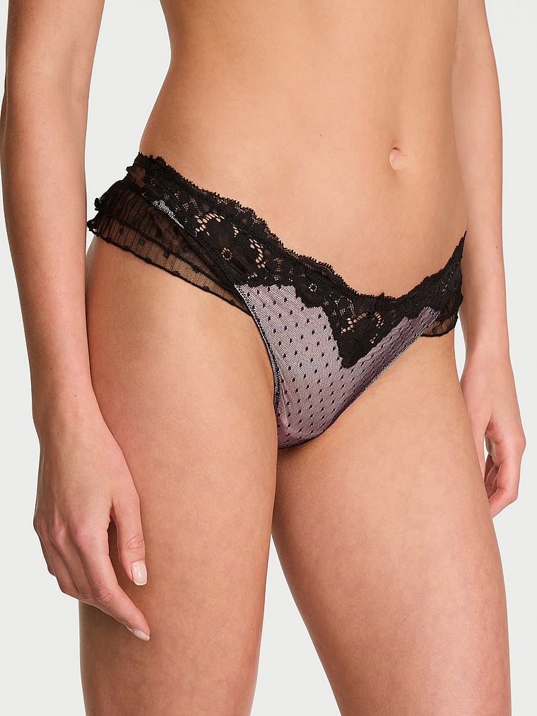 Heritage Dot Mesh Lace-Trim Flutter Thong Panty