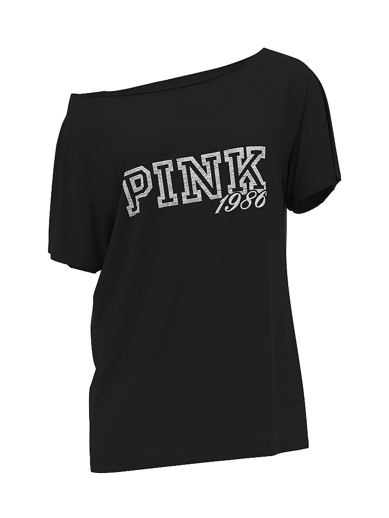 PINK Campus Cotton™ Off-The-Shoulder Tee, Pure Black, offModelFront, 3 of 3