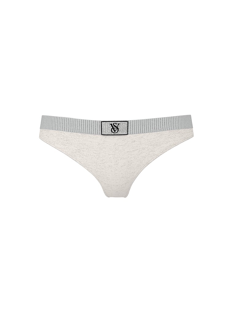 Victoria's Secret, Cotton Shine-Waist Cotton Thong Panty, Stone Htr Grey, offModelFront, 3 of 3