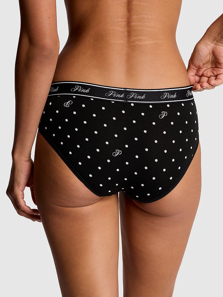 PINK Logo Cotton Hiphugger Panty, Black Dot "P" Script, onModelBack, 2 of 3 Rae is 5'10" and wears Small