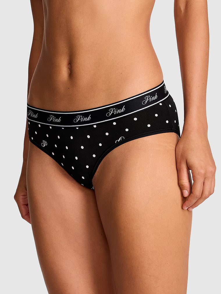 PINK Logo Cotton Hiphugger Panty, Black Dot "P" Script, onModelFront, 1 of 3 Rae is 5'10" and wears Small