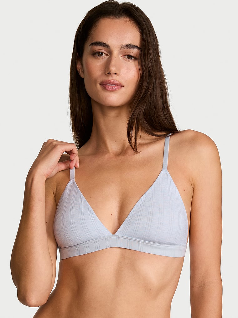 Victoria's Secret, The T-shirt Cotton Shadow Stripe Unlined Triangle Bralette, Heather Air Blue, onModelFront, 1 of 3 Maia is 5'9" and wears 34B or Small