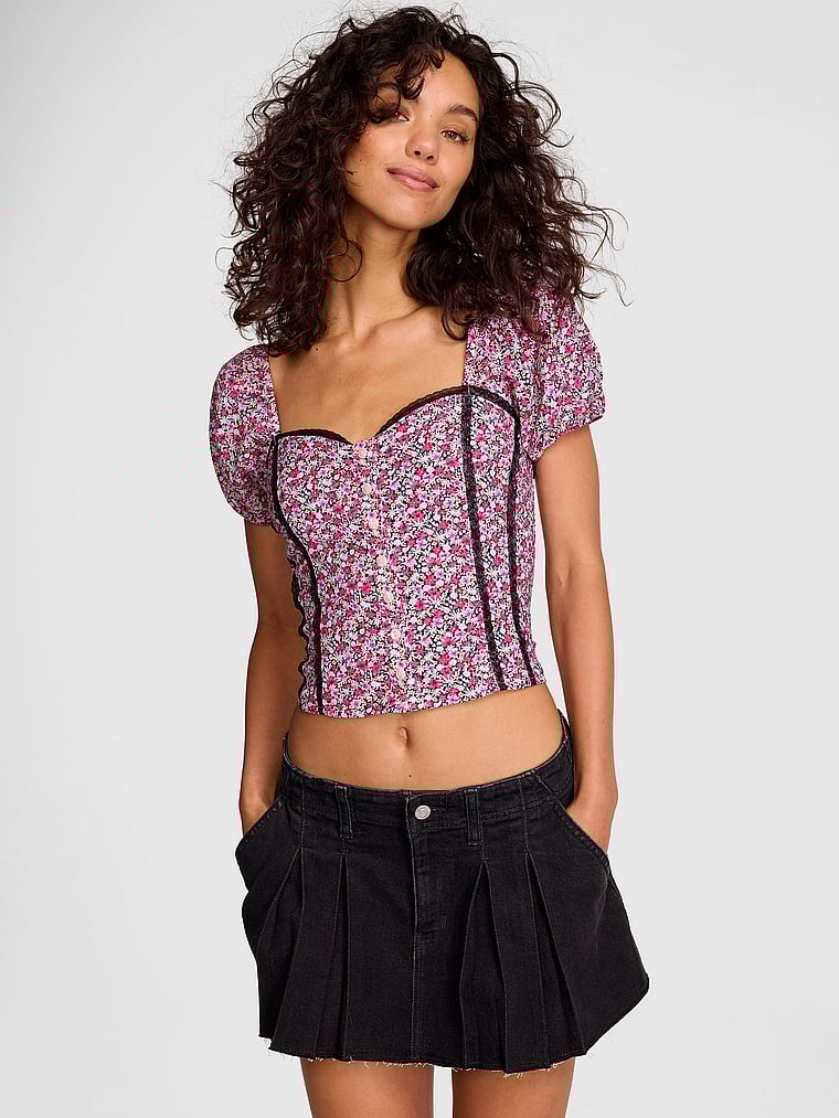 PINK Puff-Sleeve Corset Top , Pink Floral, onModelFront, 1 of 3 Rae is 5'10" and wears Small