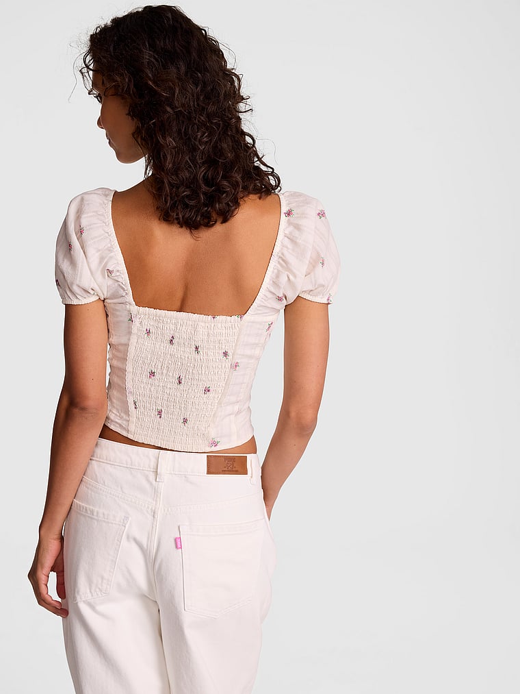 PINK Puﬀ-Sleeve Corset Top , Winter White Floral, onModelSide, 3 of 4