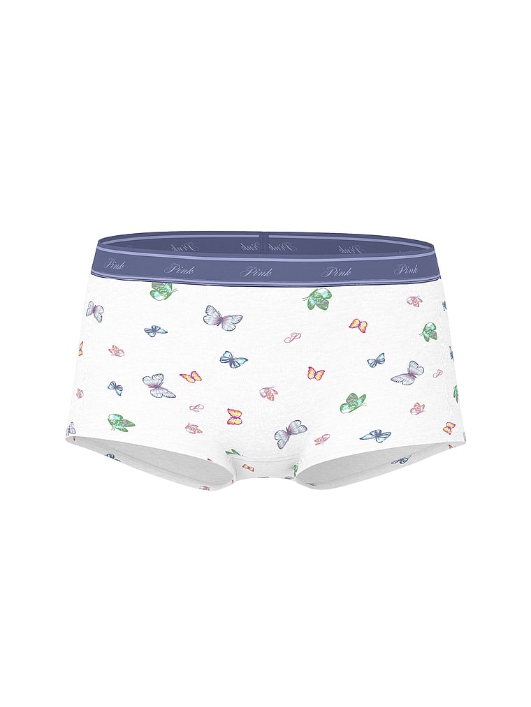 PINK Logo Cotton Boyshort Panty, White Multicolor Butterfly, offModelFront, 3 of 3