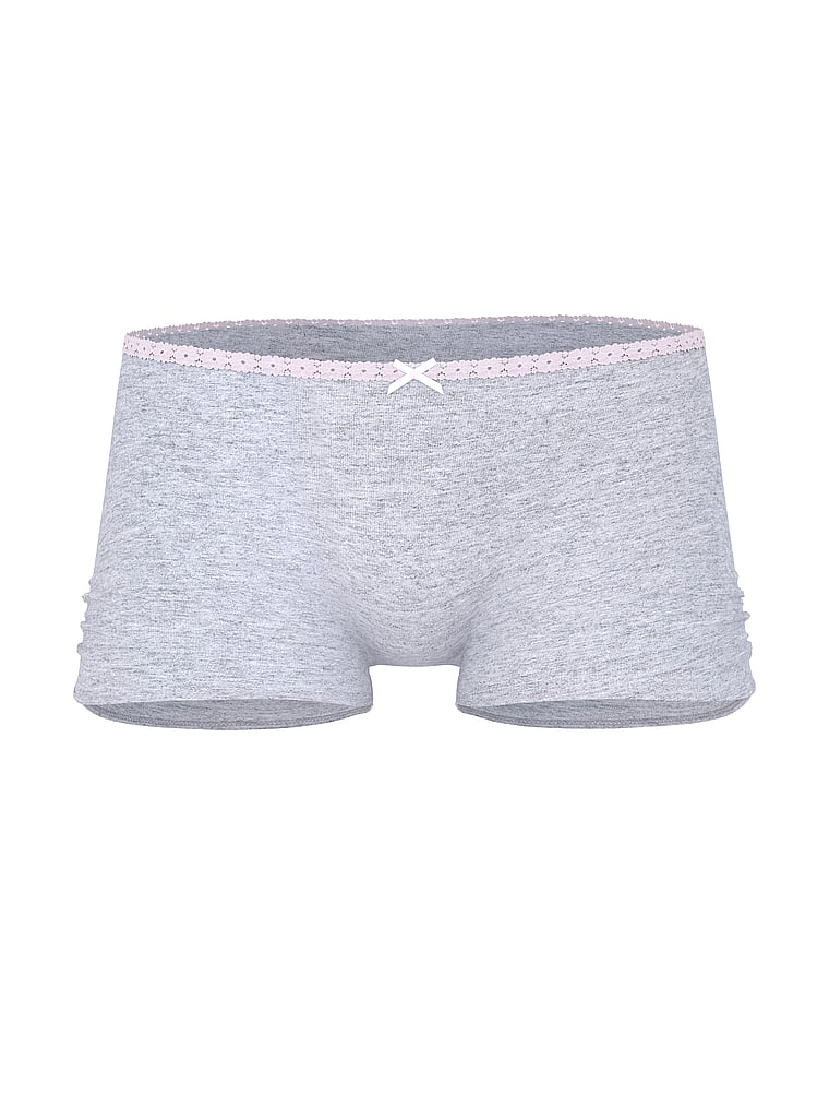 PINK Cotton Dorm Boyshort Panty, Medium Heather Grey Pink Tulip Lace "Drama Queen", offModelFront, 4 of 4