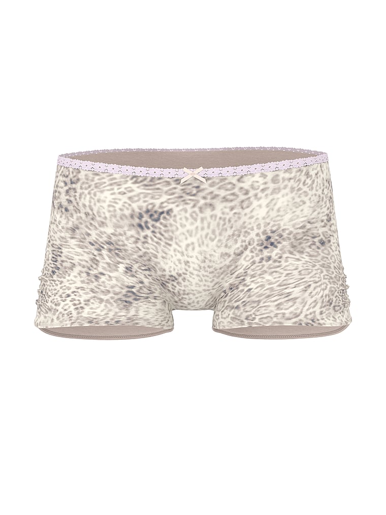PINK Cotton Dorm Boyshort Panty, Natural Leo Print with Pink Tulip Lace, offModelFront, 3 of 3