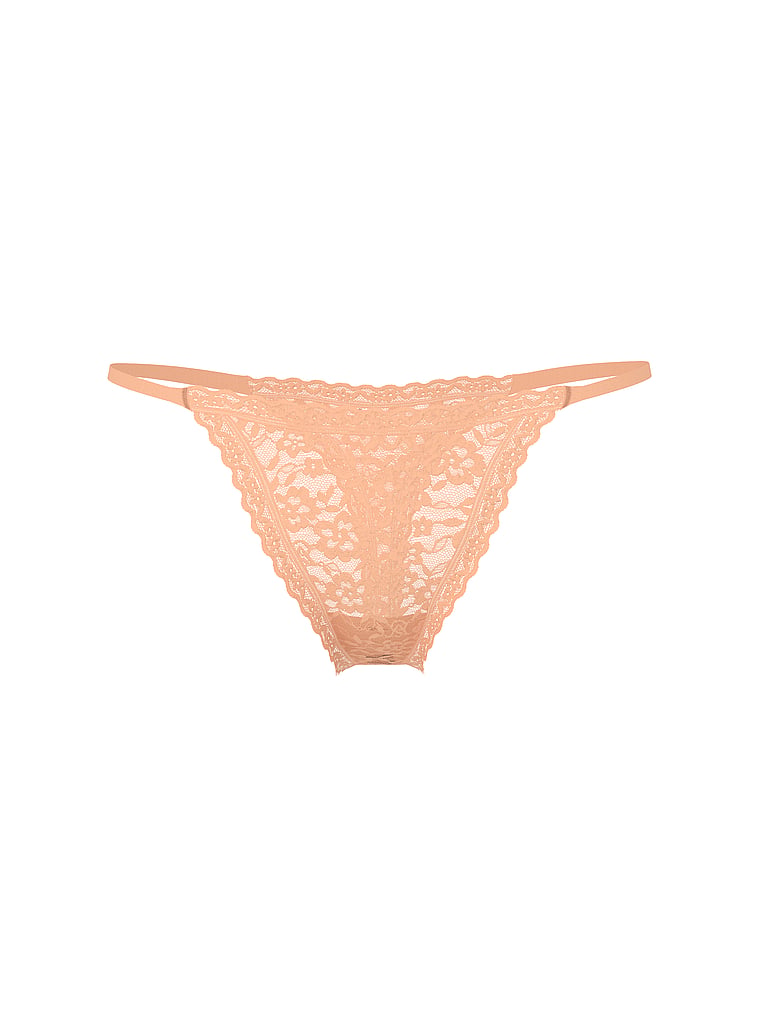 Victoria's Secret, The Lacie Lace String Thong Panty, Sunlit Apricot, offModelFront, 3 of 3