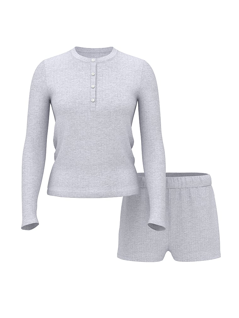 Victoria's Secret, Victoria's Secret SoSoft™ Modal Wide-Rib Long-Sleeve Henley & Shorts Set, Medium Heather Grey, offModelFront, 3 of 4