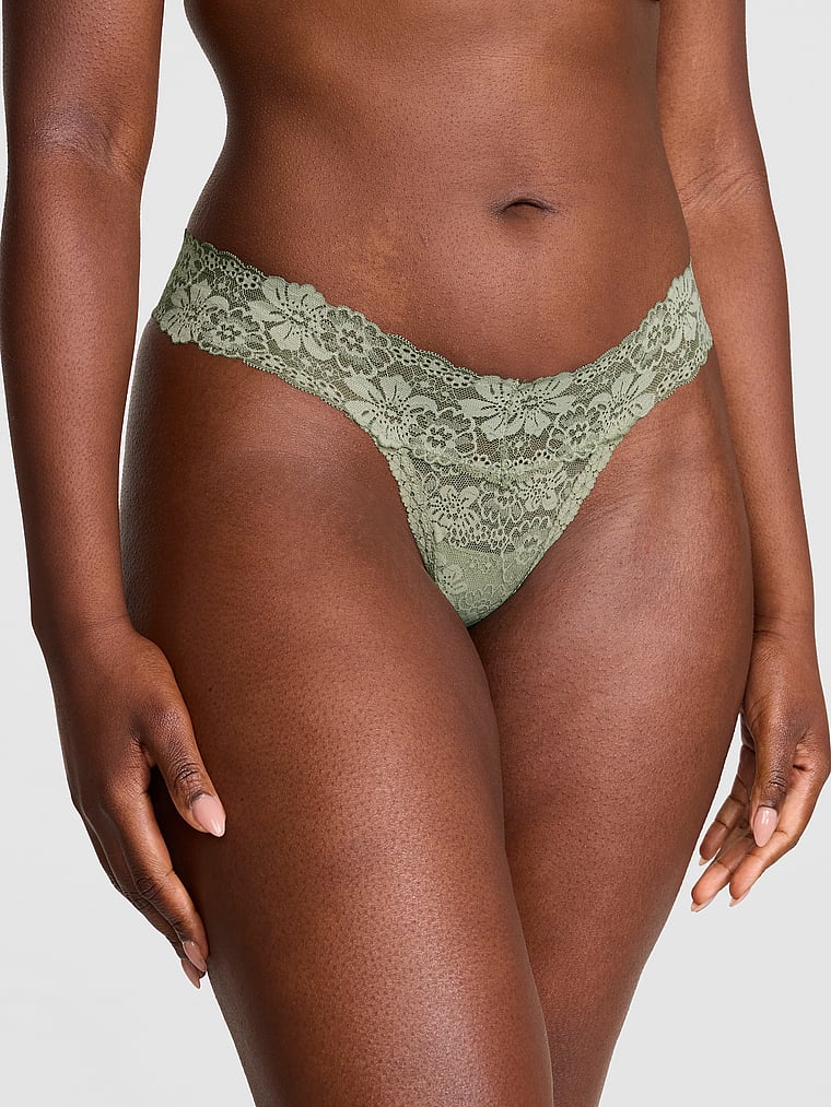 PINK PINK Wink™ Lace Thong Panty, Slate Green, onModelFront, 1 of 3 Fanta is 5'11" and wears Large