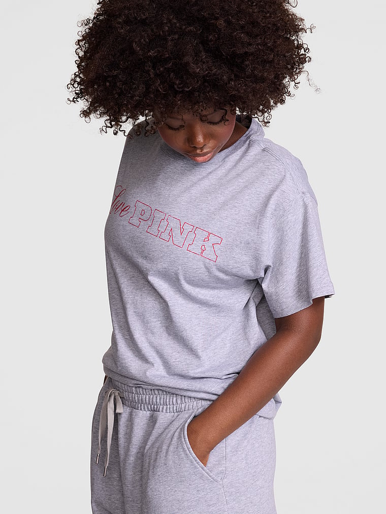 PINK Campus Cotton™ Tee, Medium Heather Grey, onModelSide, 2 of 4 Fanta is 5'11" and wears Medium