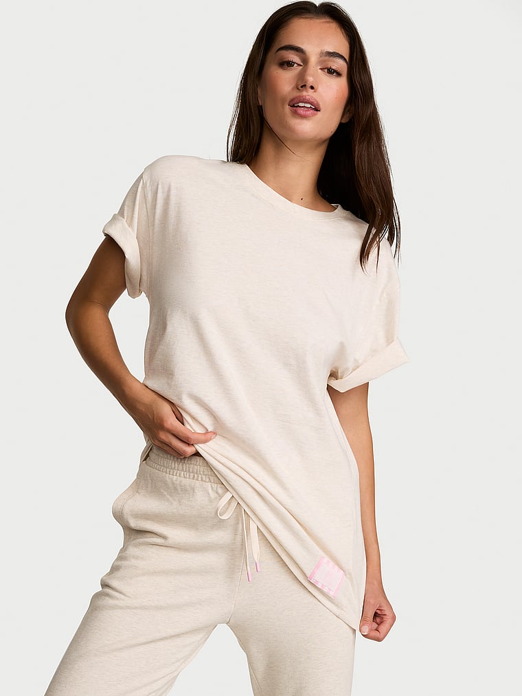 Victoria's Secret, Angel Essentials Cotton Oversized Tee, Heather Natural, onModelFront, 1 of 3 Maia is 5'9" and wears Small