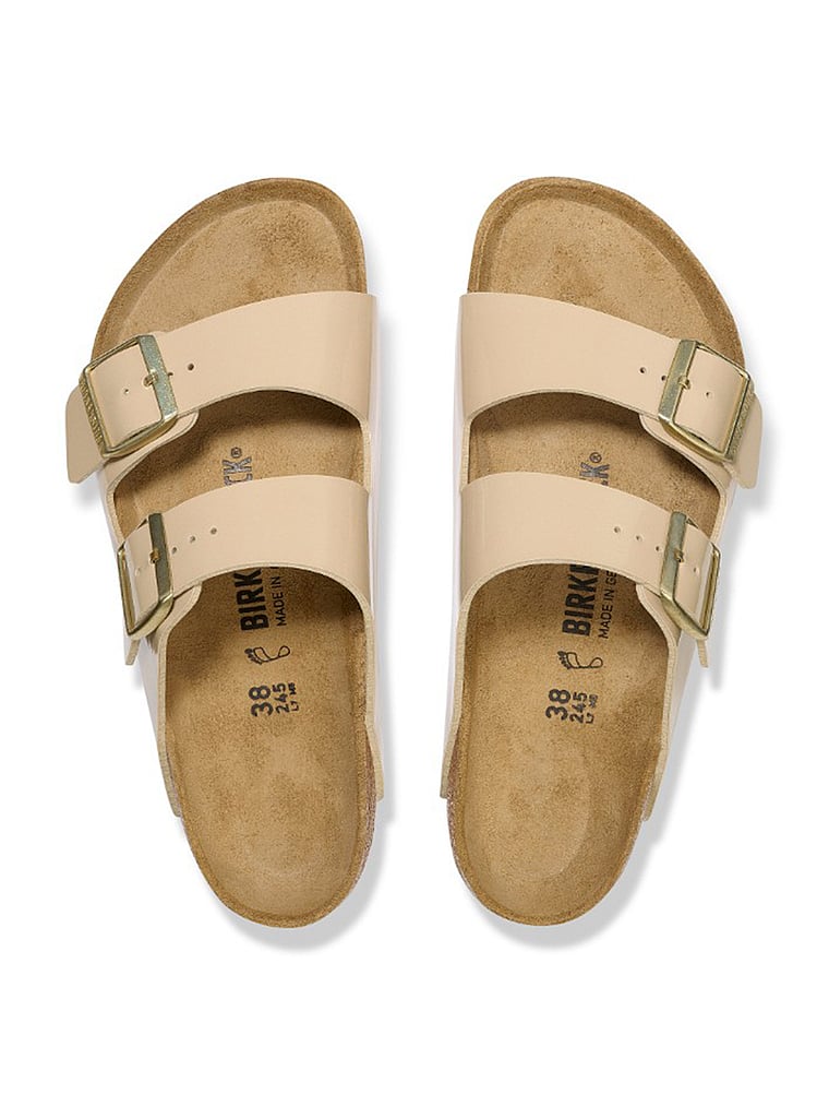 Birkenstock Arizona Patent Sandal, Sand, onModelSide, 3 of 3