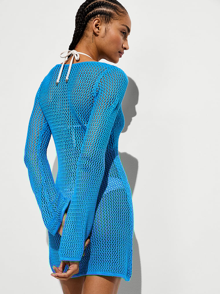 Victoria's Secret, Victoria's Secret Swim Beachwear Crochet Long-Sleeve Mini Dress, Skyline Blue, onModelBack, 2 of 2