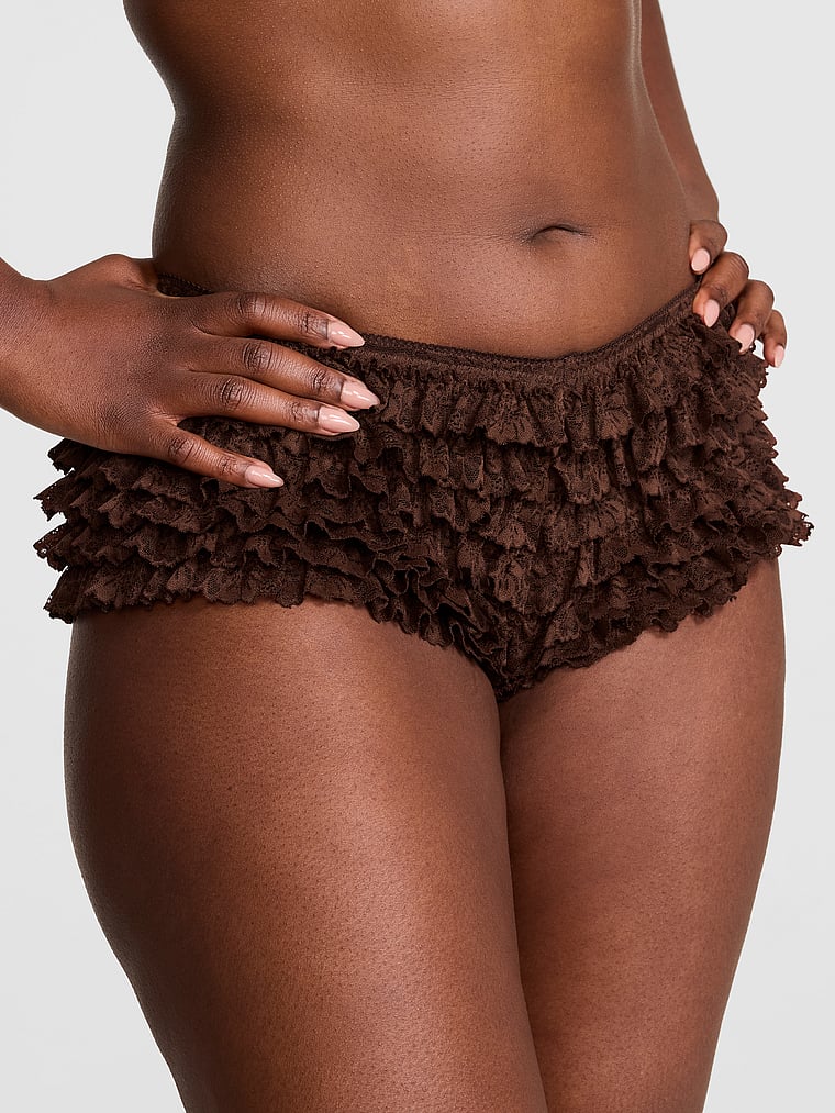 PINK GRWPINK™ Ruﬄe Bloomer Panty, Ganache, onModelFront, 1 of 3 Fanta is 5'11" and wears Large